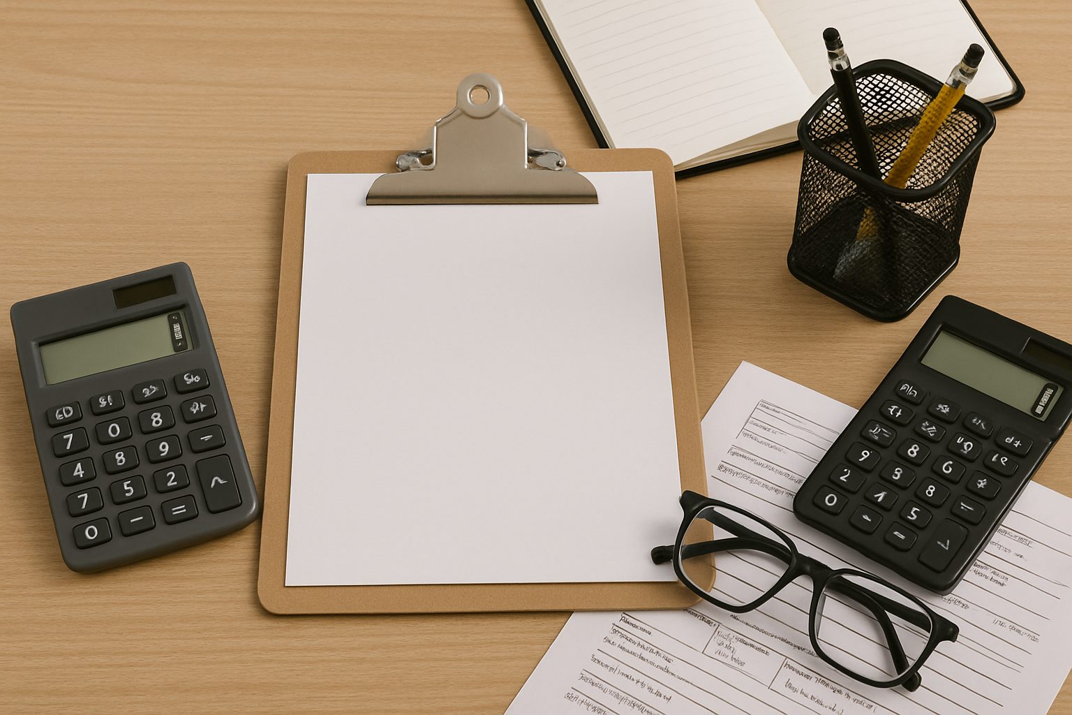 Arbeitsplatz mit Steuerunterlagen und Taschenrechner