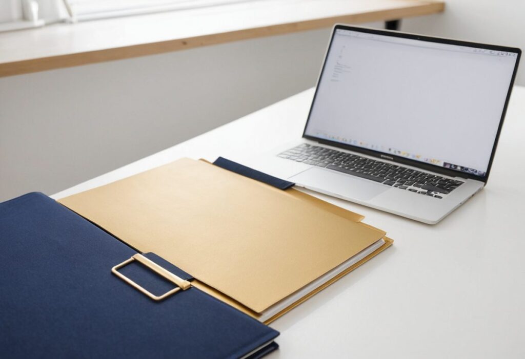 Blaue und goldene Dokumentenmappen neben einem Laptop auf einem hellen Schreibtisch