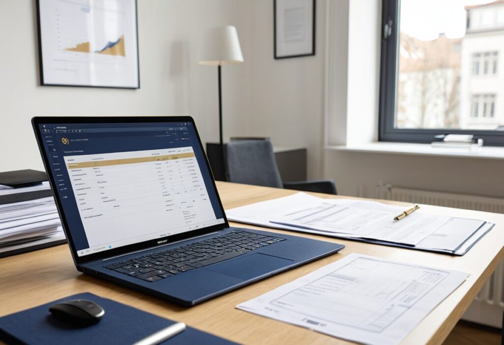 Laptop mit Rechnungsprogramm und ausgedruckten Rechnungen auf einem Büroschreibtisch